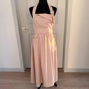 Anthropologie Porridge Halter Utility Midi Dress Sz S Khaki Pinafore Farmhouse